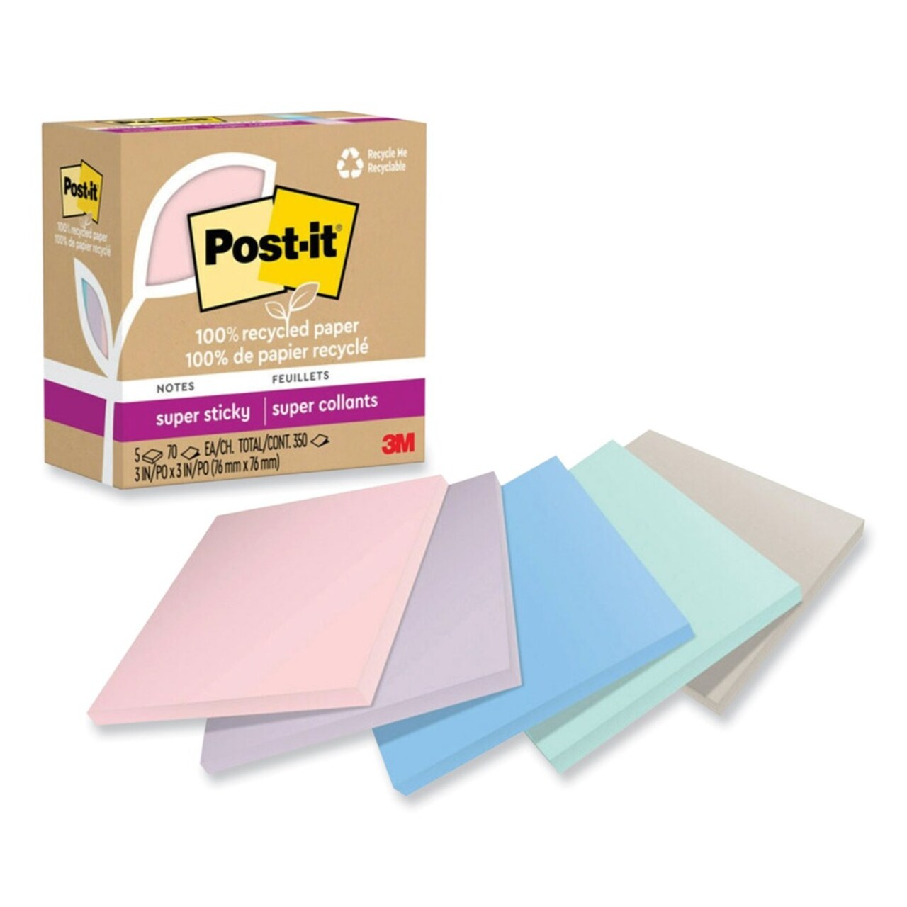 Post-it Notes Super Sticky 3 in. x 3 in. 100 Percent Recycled Paper Super Sticky Notes - Wanderlust Pastels (5-Pads/Pack)